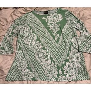 Bob Mackie‎ Wearable Art Plus Size Green Floral Lace Print Top, 2X